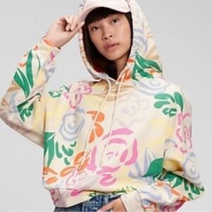 GAP Floral Print Hooded Sweatshirt in Cream with Pink, Green & Orange